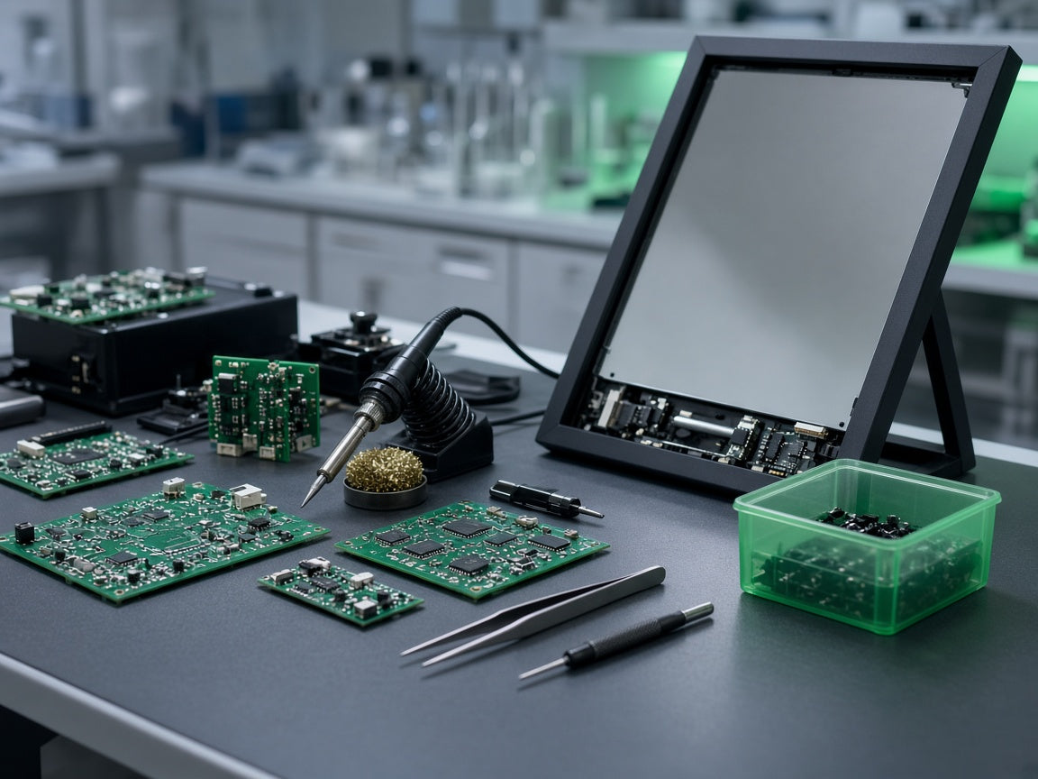 Electronics engineering bench with circuit boards
